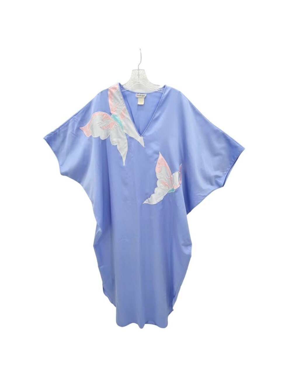 Vintage Natori Kaftan Dress Womens One Size Blue Satin Butterfly Maxi Lounge